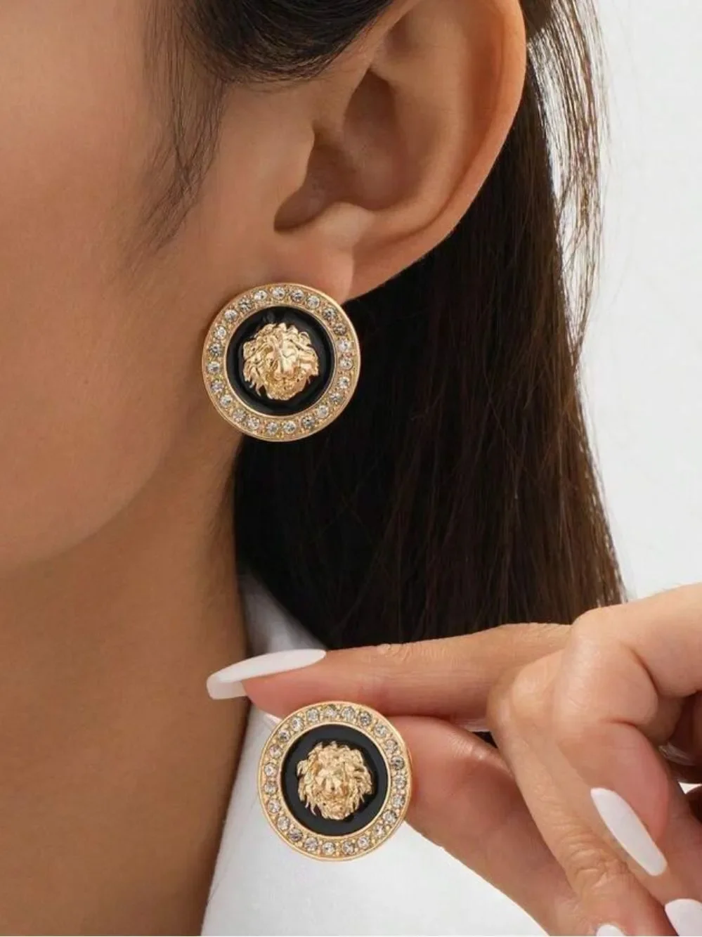 Gold and Black Lion Medallion Stud Earrings - Women Jewelry